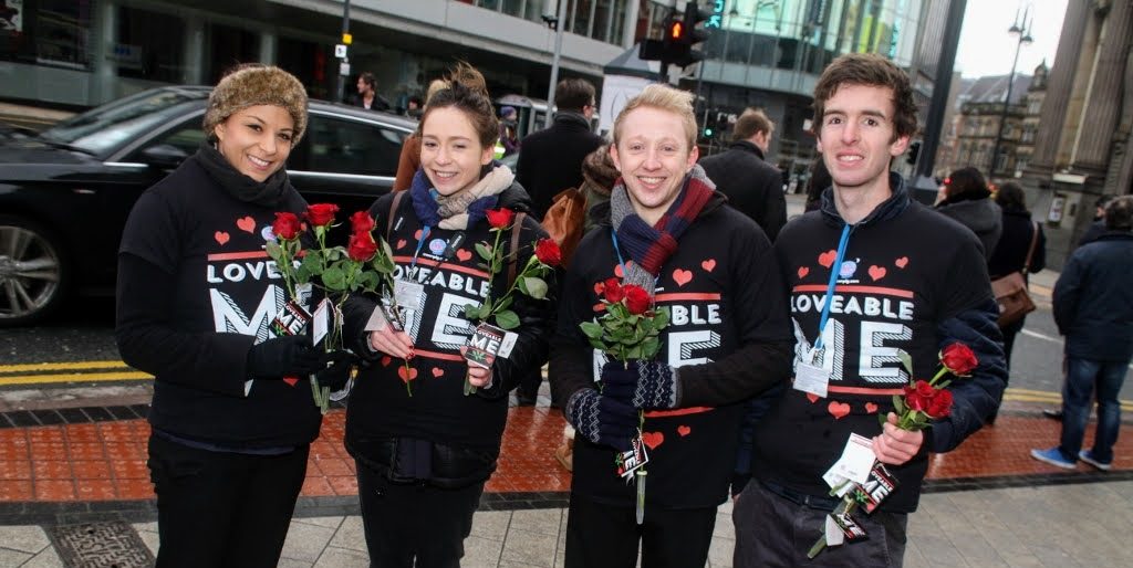 Executional team running a Moonpig Valentines brand activation outside a train station