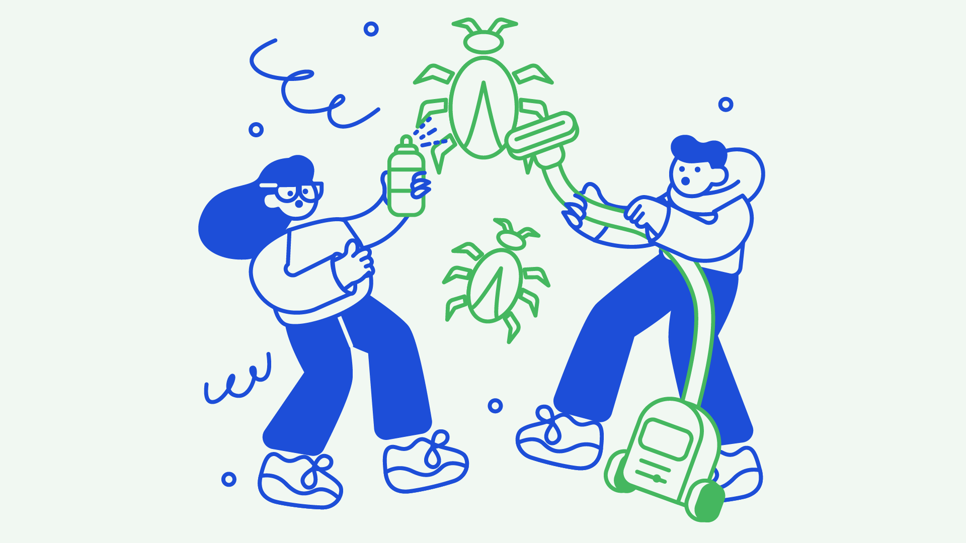 An illustration represent a 'bug fix': two characters vacuuming and spraying an insect