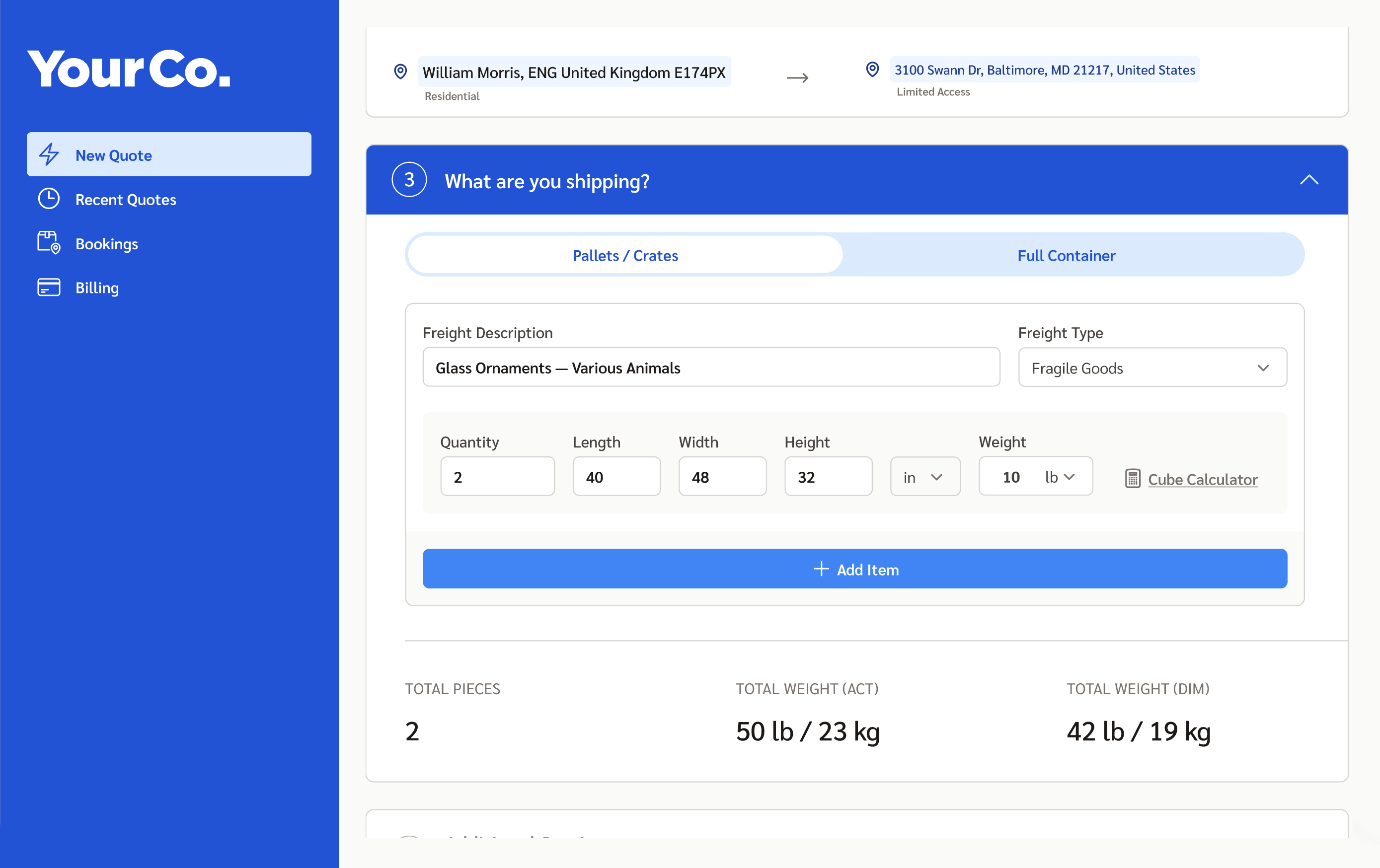 Screenshot of a Customer Quoting Screen