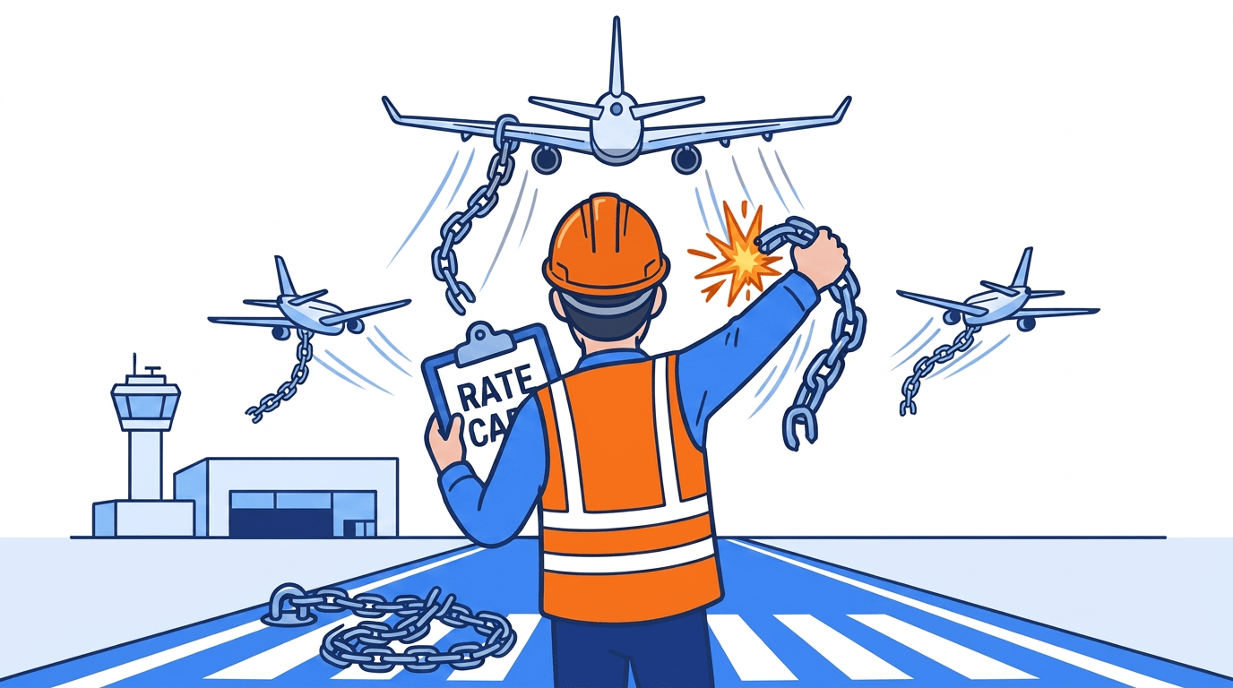 An editorial cartoon showing a freight professional unchaining several airplanes to liberate them.
