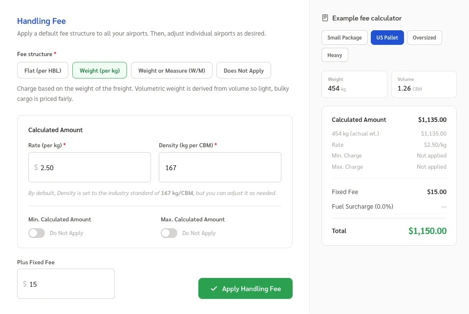 Exfresso Connect - Set Rates UI with example calculator