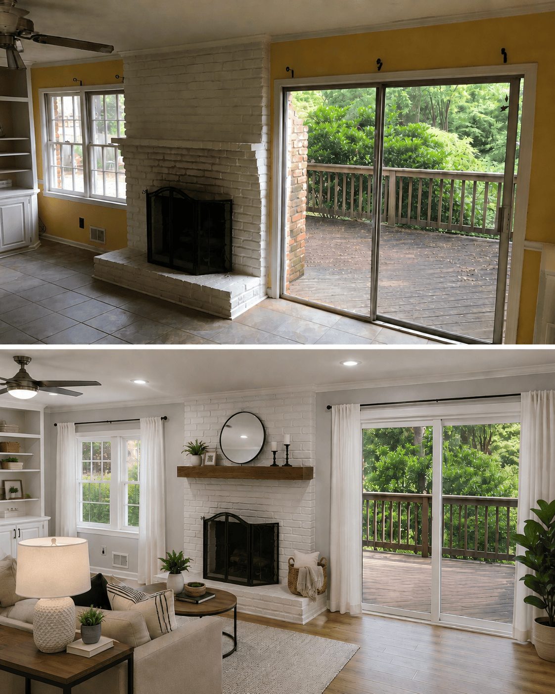 Before-and-after living room renovation showing updated paint, flooring, lighting, fireplace mantel, window treatments, and modern staging.