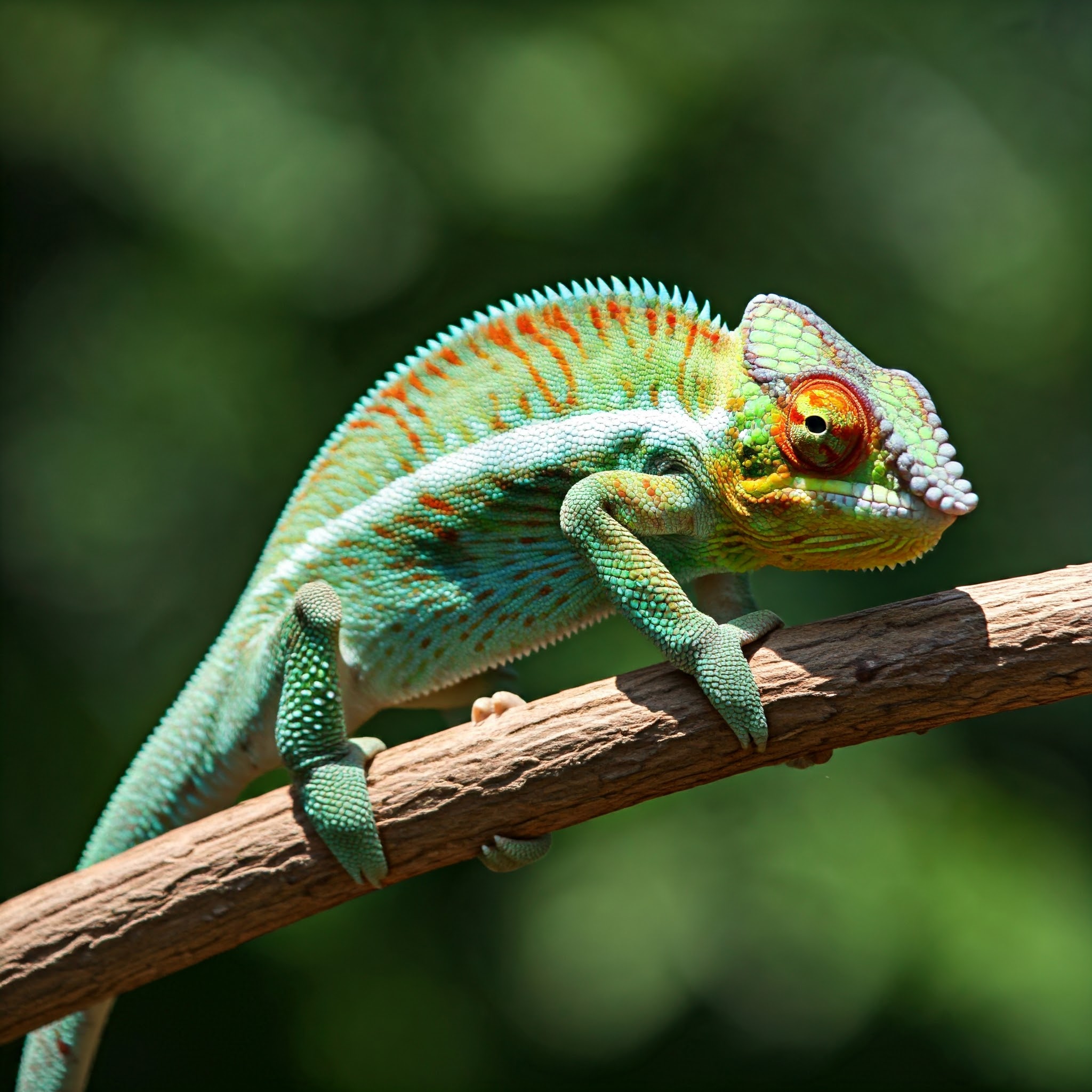 brightly colored chameleon with a light green, turquoise, and yellow body, and a prominent orange and red striped pattern on its back. The reptile is perched on a brown branch, with its large, red-rimmed eye looking directly at the camera. The background is a blurry, lush green.