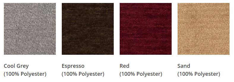 Crypton fabric swatches from left to right: cool grey, espresso, red, and sand.