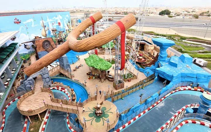 Top view of Angry Birds World theme park with slingshot ride and attractions