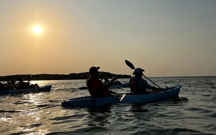 Two people kayaking on a calm body of water at sunset, savoring the golden hues of a perfect kayaking sunrise & sunset, with silhouettes of other kayakers and distant land etched against the glowing sky.