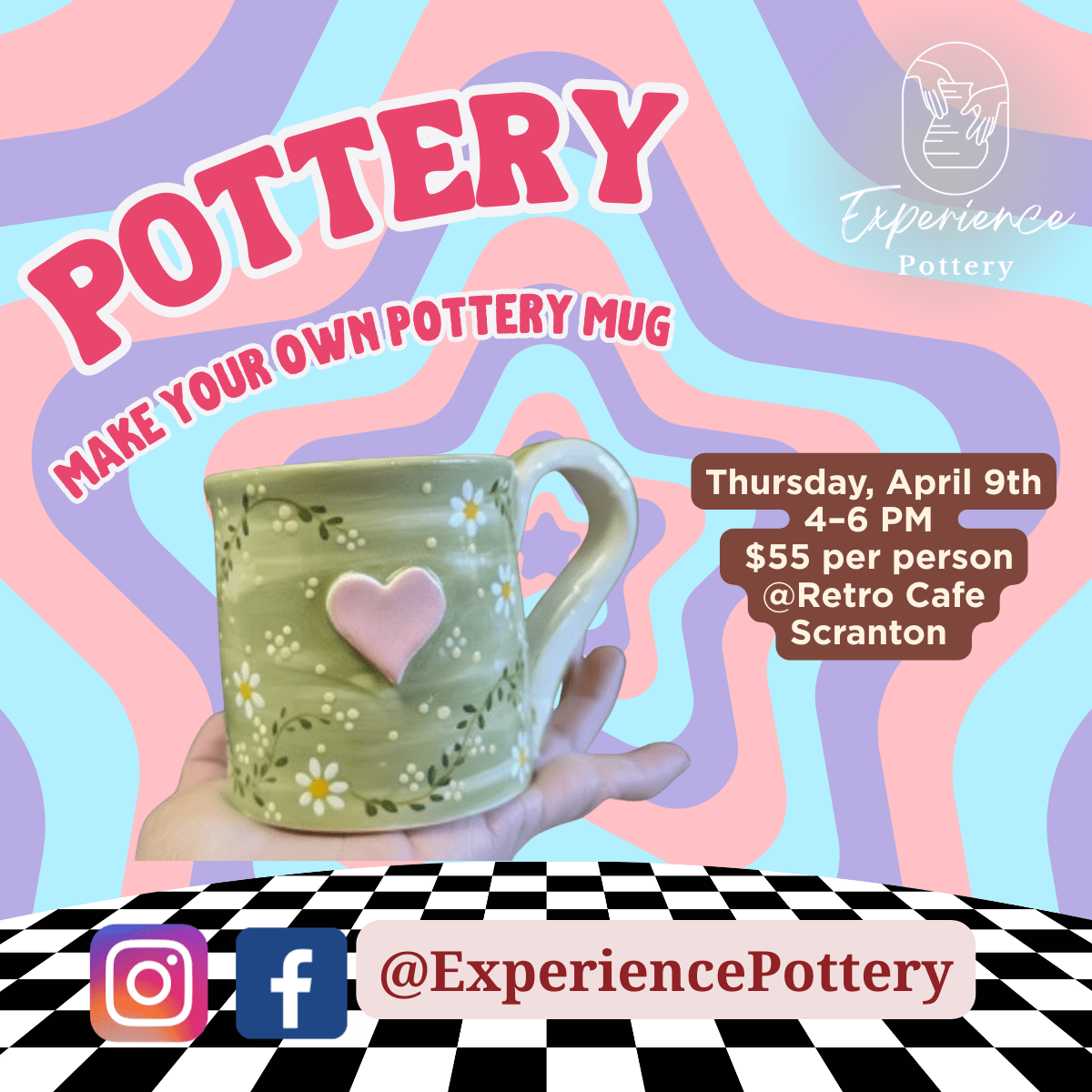 Hands hand-building a clay coffee mug at a pottery experience in Scranton PA Beginner shaping a spring inspired ceramic mug at Retro Cafe with Experience Pottery Clay mug with spring texture and details made during a hand-building pottery experience Pottery tools and clay used to create a handmade coffee mug in Northeastern Pennsylvania Guests creating ceramic mugs during a spring pottery experience at a Scranton cafe