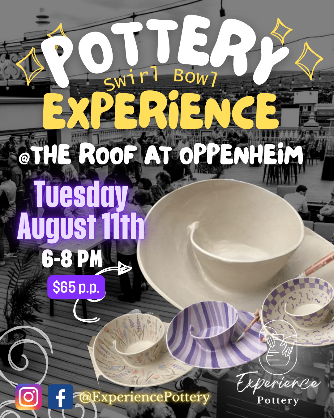 Hand-building a swirl bowl during an Experience Pottery event at The Roof at Oppenheim in Scranton PA Beginner creating a ceramic swirl bowl at a rooftop pottery experience in Scranton Clay swirl bowl in progress with pottery tools at The Roof at Oppenheim Guests shaping ceramic bowls during a pottery experience with signature drink included Finished swirl-style ceramic bowl made at an Experience Pottery event in Scranton Pennsylvania