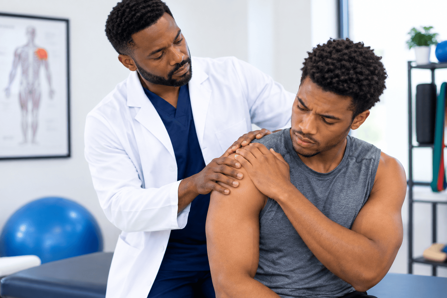 Physical therapist examining a patient's shoulder during a rehabilitation session in a clinic