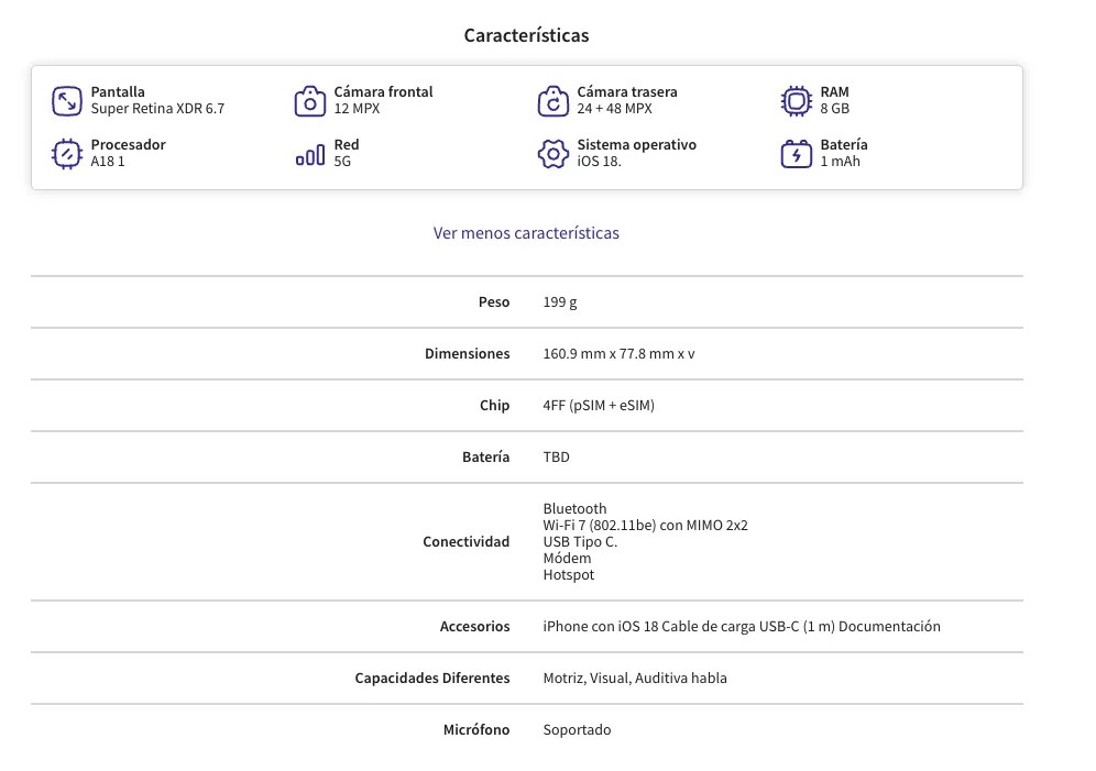 Especificaciones iPhone 16 Plus 1