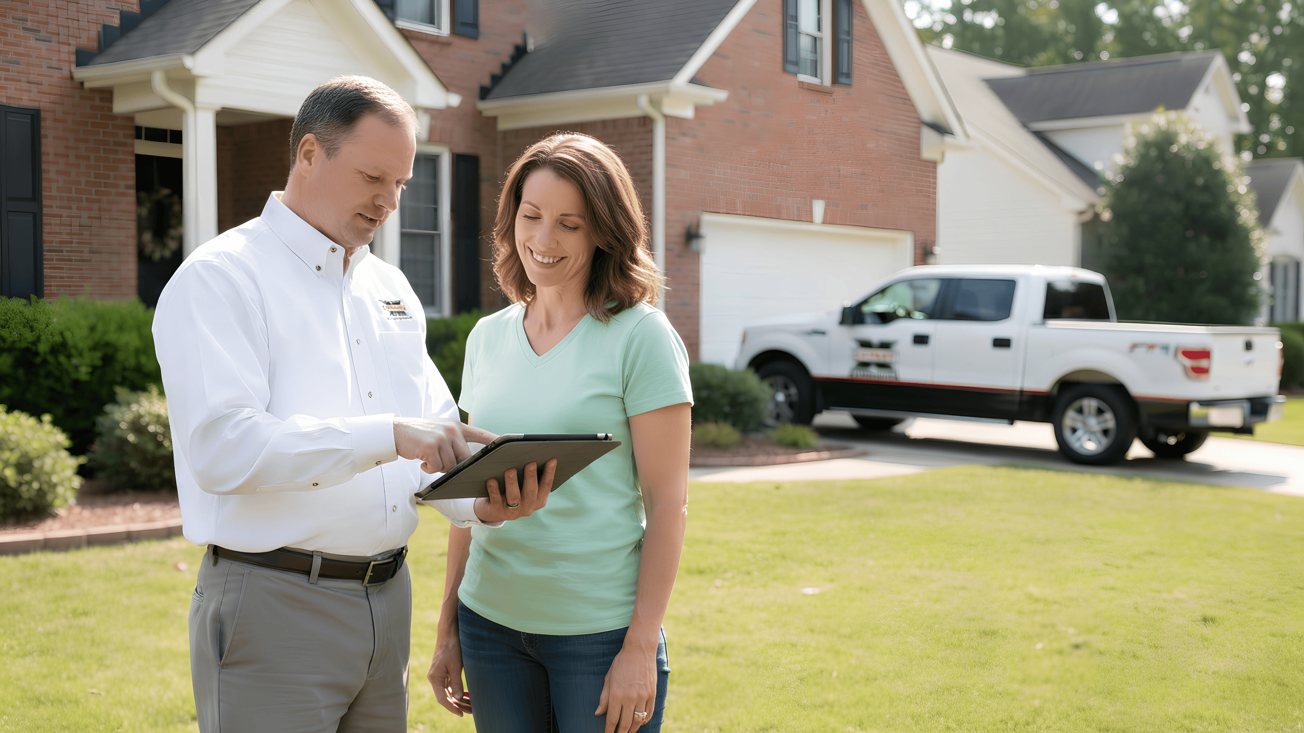 Pest Control Covington GA technician in Expest uniform inspecting a home exterior with a tablet