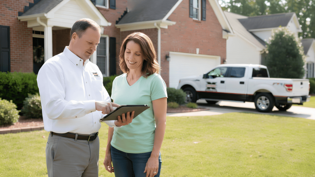 Decatur GA Pest Control Services technician showing homeowner inspection results on tablet in front of suburban home