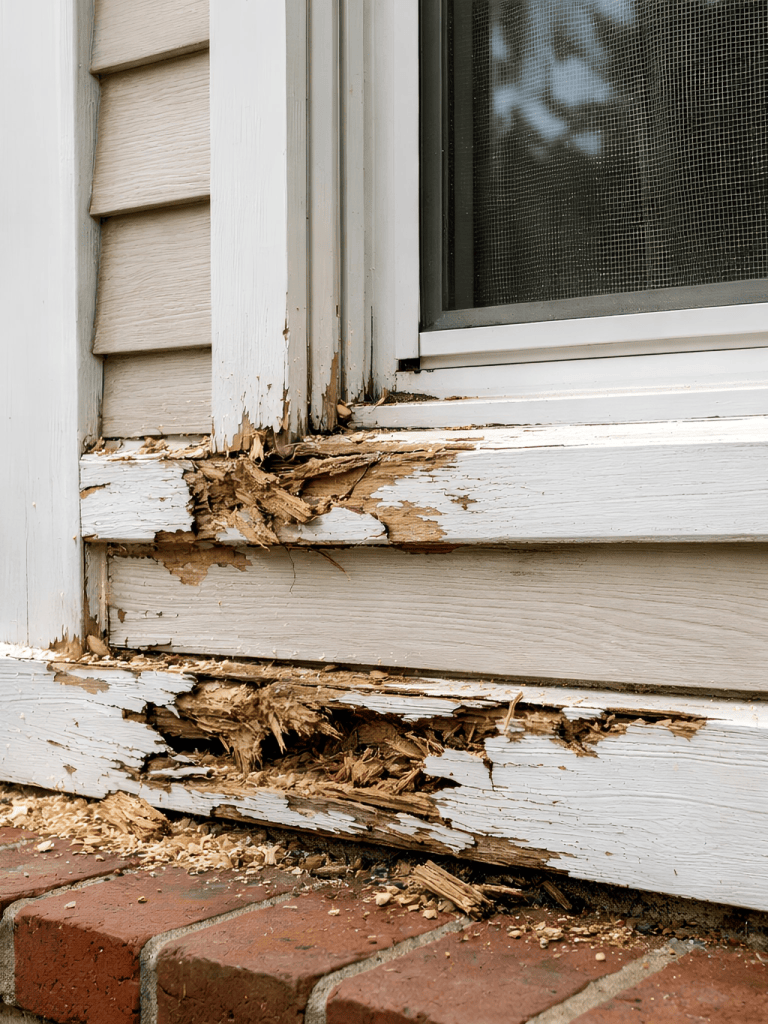 Termite Control Decatur GA severe wood damage on home exterior window frame and siding