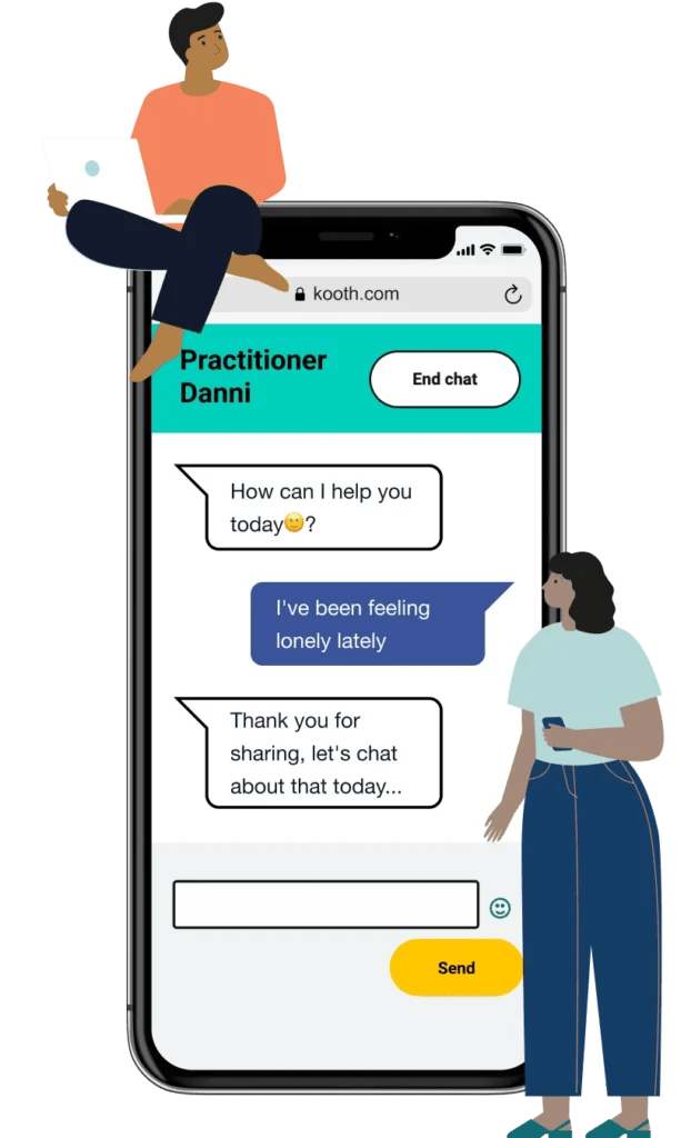 a phone graphic of a conversation with illustrated characters on the edges