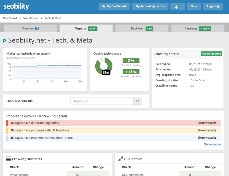 Seobility free dashboard showing SEO score and improvement areas