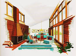 sketch of the Interior of a home. Living space with a fireplace and a wall of windows on the opposite side.