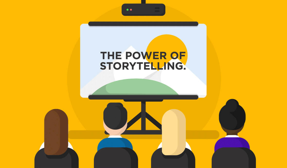 “Illustration of four people watching a presentation screen with ‘The Power of Storytelling’ slide—featuring stylized nature graphics and a bright yellow background.”
