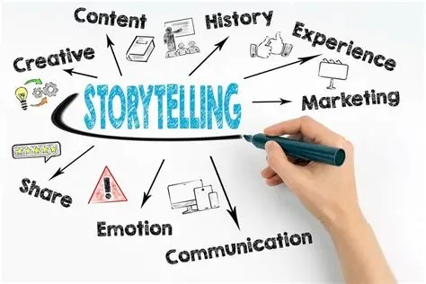 “Conceptual storytelling diagram with blue central text and arrows pointing to icons for content, emotion, marketing, and creativity.”
