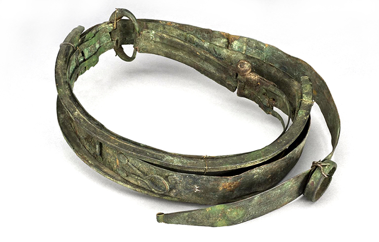 A thick, belt-like coil that seems to be made from a greenish-brown metal.  