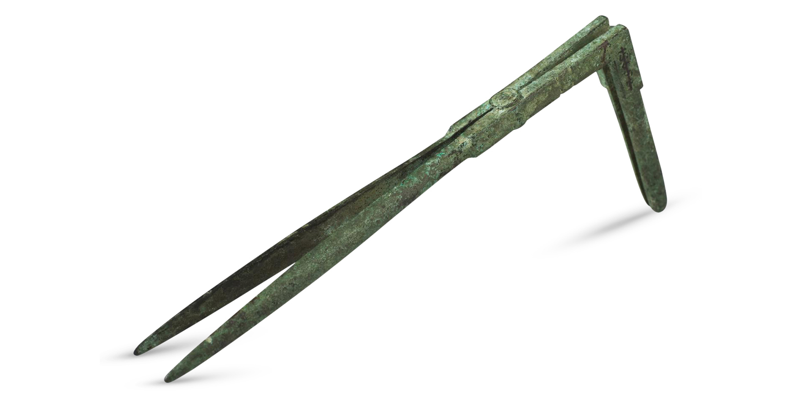 Greenish-brown, L-shaped tool resembling a closed pair of scissors. 