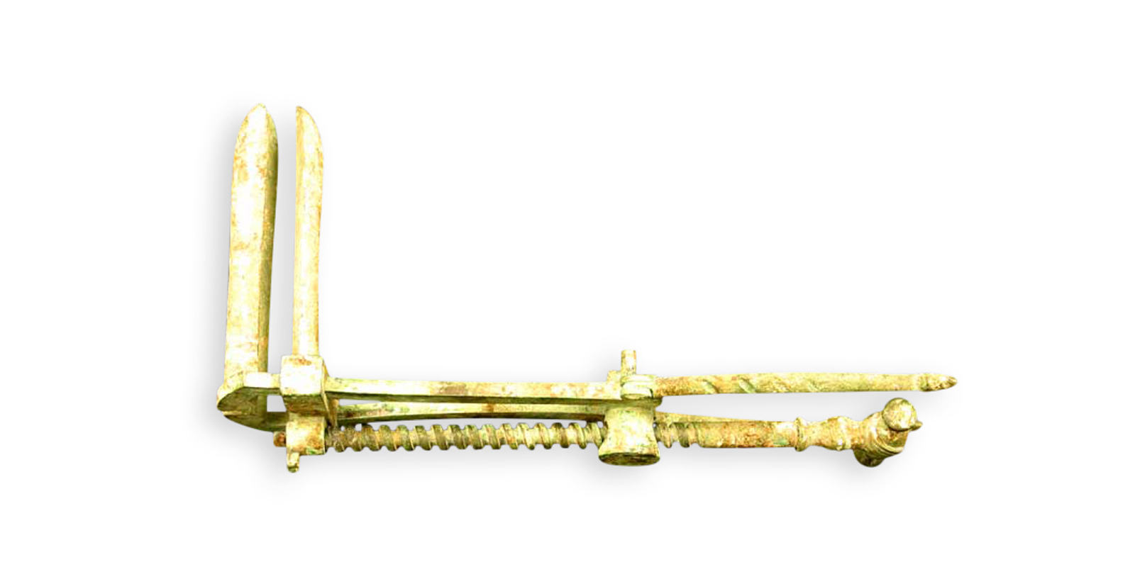 Thin, yellow, L-shaped tool made of stick-like rods, the base resembling a closed pair of scissors. 