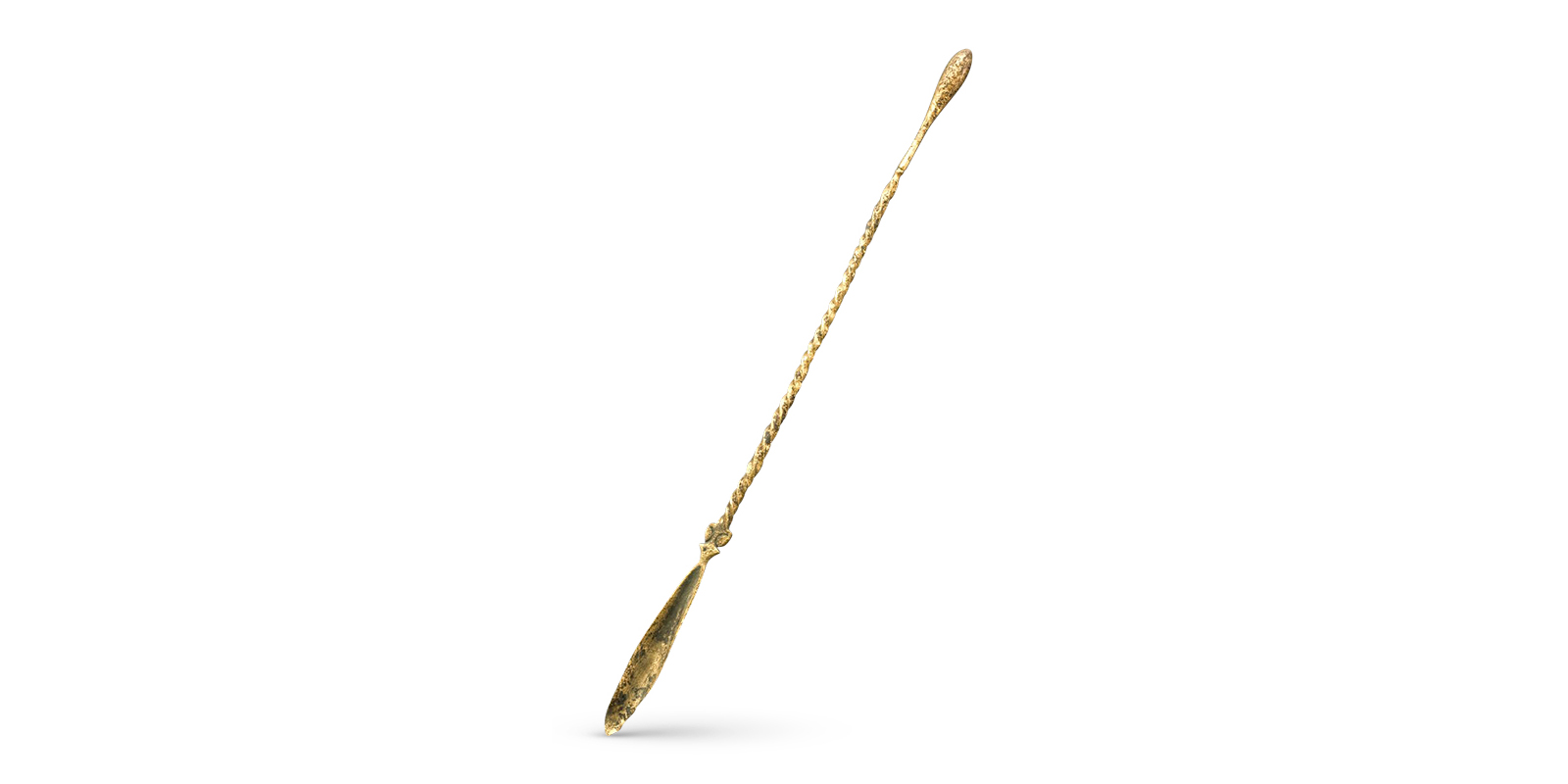 A yellow dowel with a spiral decoration in the middle. Leaf-shaped finials flank both ends of the dowel. 