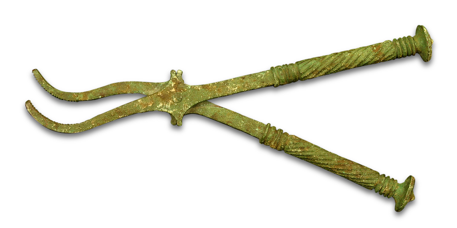 A greenish-yellow metal tool shaped like a pair of scissors. The handles are decorated with a carved spiral pattern. 