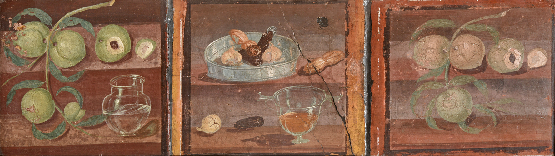 A painting divided into a row of three squares containing shelves of fruit. The square on the left shows a pitcher of water and green, underripe fruit; the square in the center depicts small fruit in a bowl with a glass of wine; the square on the right contains pinkish-orange, ripe fruit.