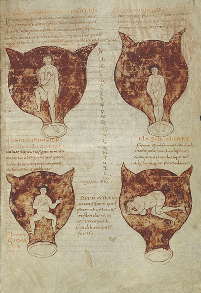 A page with four figures inside four circular shapes inked in a brownish-red. Lines of text surround the illustrations. 