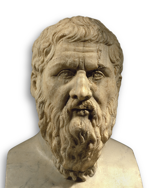 A sculpture depicting the face of an elderly man with cropped hair and a beard covering the entire neck.