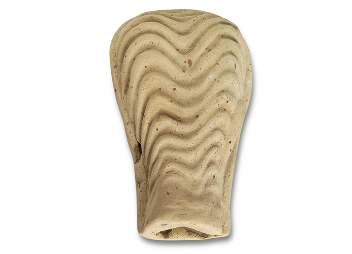 A tan oblong object covered with carved, wavy lines. 