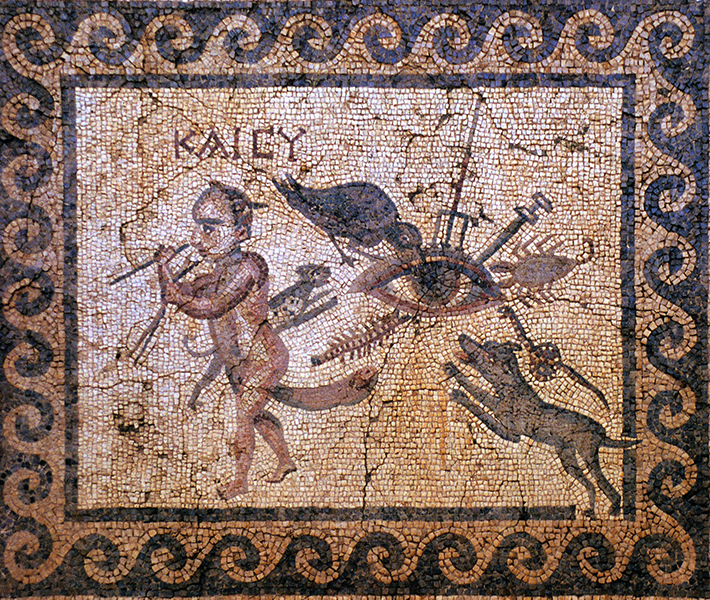 A glittery square mosaic that shows a large eye surrounded by animals, insects, and weapons. A nude male figure faces away from the eye, playing a pipe. The copper-colored field is bordered by a pattern of dark blue waves. 