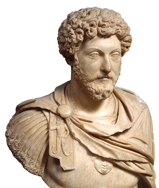 A marble bust of a togated man with curly hair and cropped beard. A mantle drapes over his shoulders; a circular brooch on his right shoulder holds the garment in place.