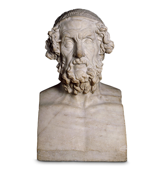 White sculpted head and chest of an elderly man. The hair and beard are very curly and long. His face is very lined. The chest is bare with raised clavicles. 