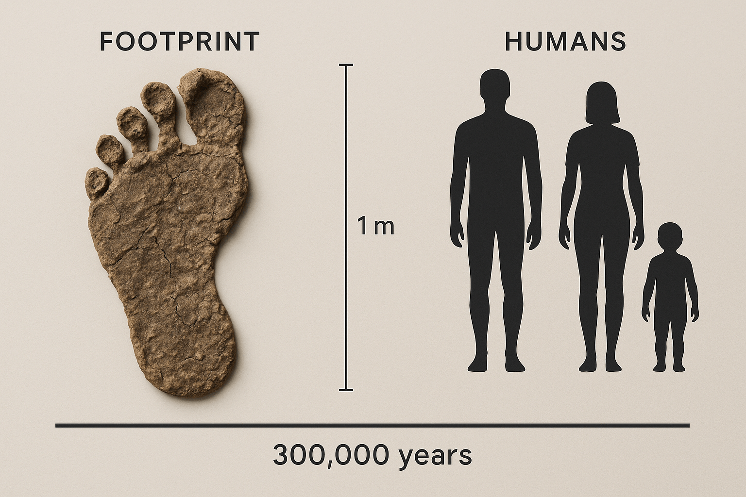 Infographic showing a 300,000-year-old human footprint compared with silhouettes of adult man, woman, and child, with 1 meter scale for size reference