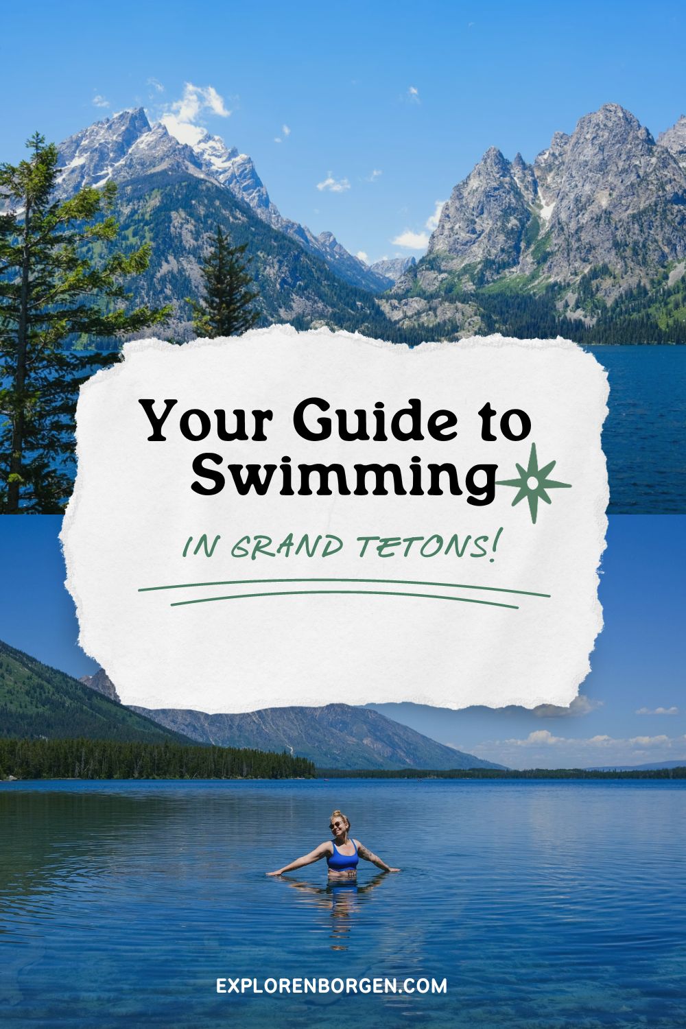 Grand Tetons Swimming Guide Pinterest Pin with two photos of lakes