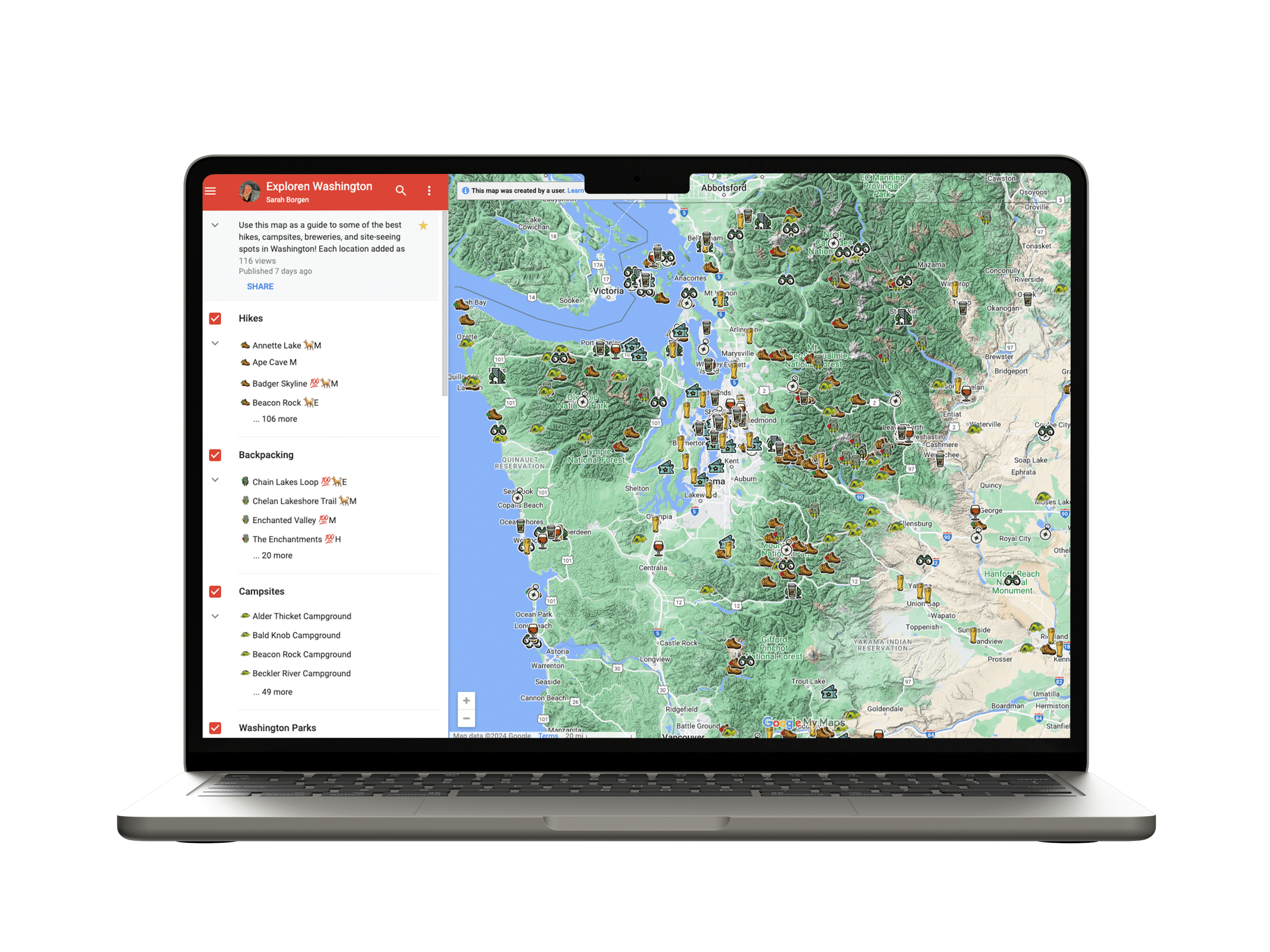 Exploren Washington popular outdoor destinations map on desktop computer