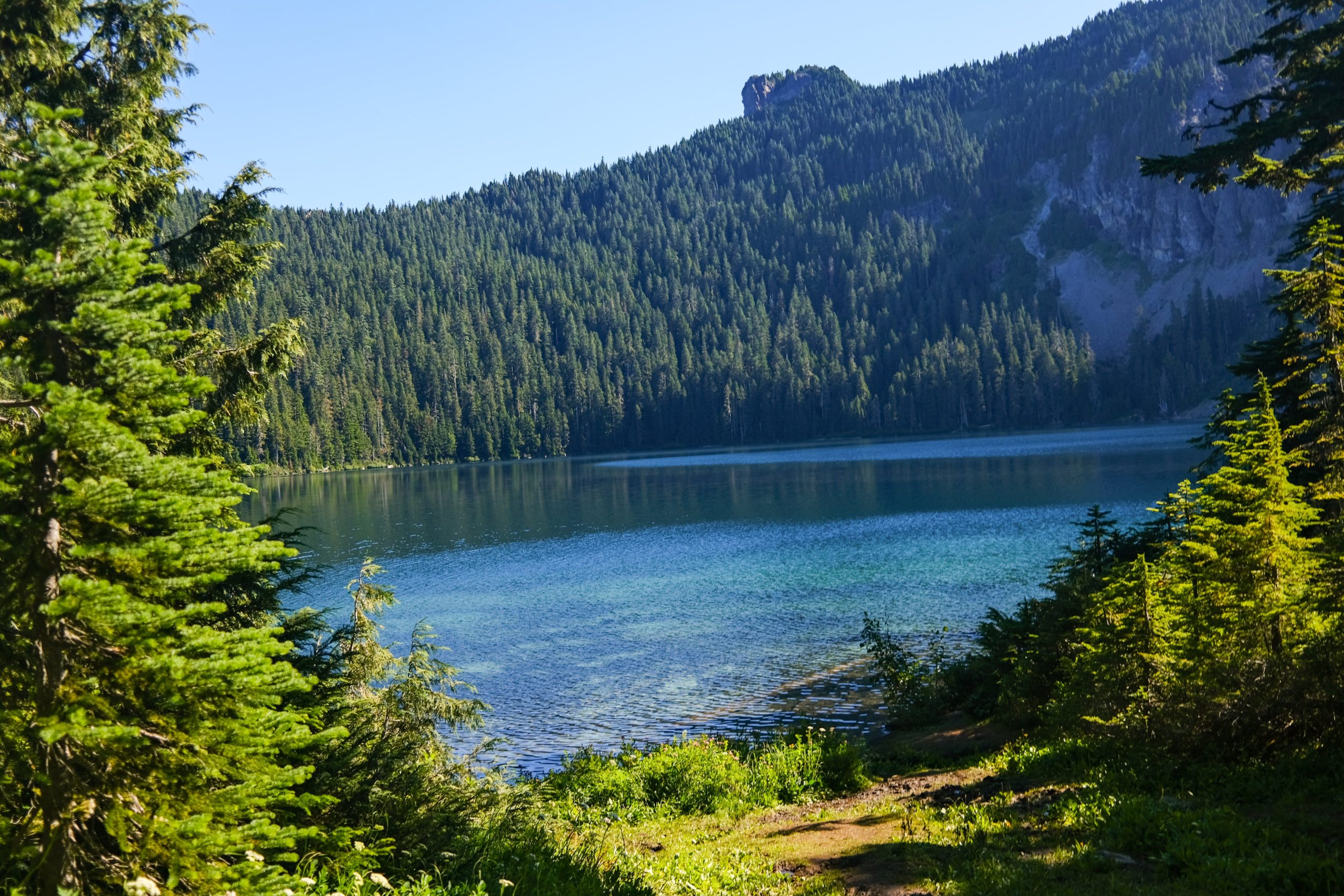 Blue lake surrounded by mountains