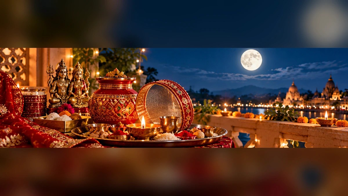Karwa Chauth 2026 puja thali with decorated karwa, diya, sieve and full moon in a traditional festive setting.