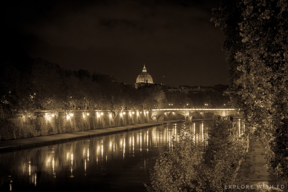 The river tiber looking towards Vatican City, Vintage style picture of Rome