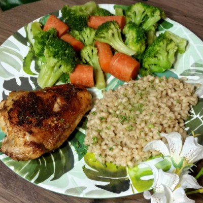 Paprika chicken with pearl barley. Pair with your favorite vegetable for a perfect meal.