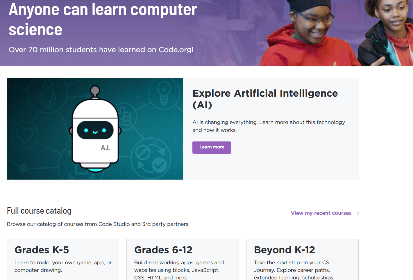K-12 coding course information on Code.org
