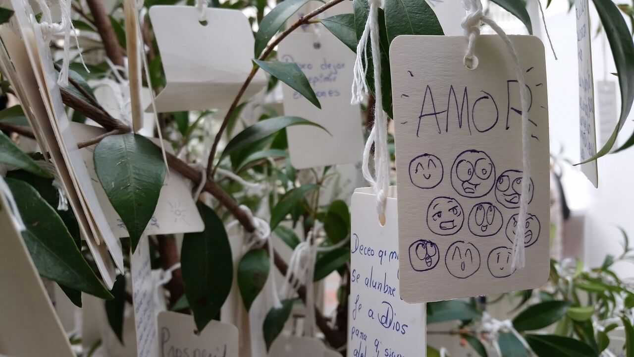 Paper with smiley faces and word AMOR hanging on tree.