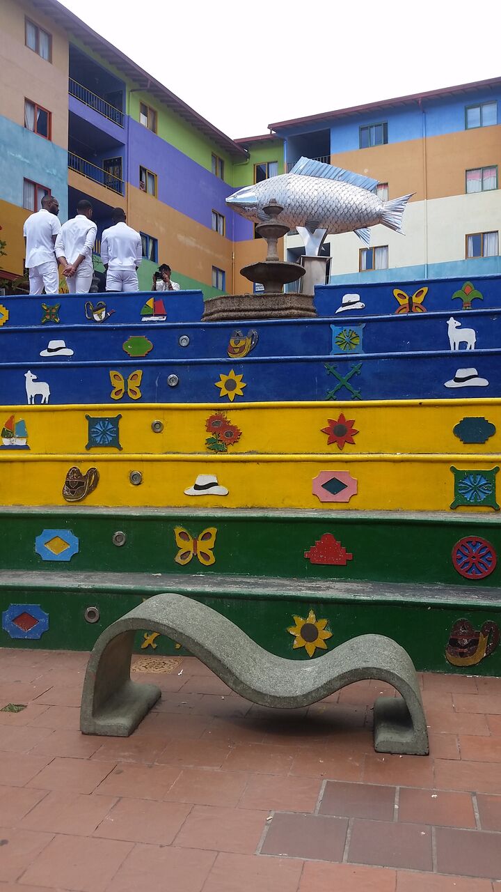 Colorful steps of the Zocalo Plaza in Guataupe Colombia.