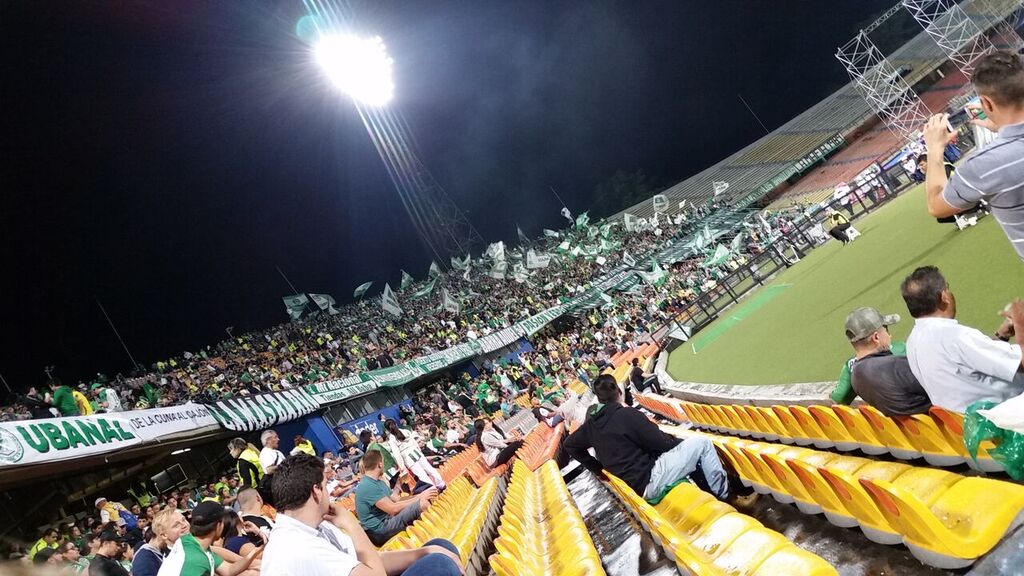 Cheering section at the north end of the stadium in Medellin Colombia at a Nacional game.