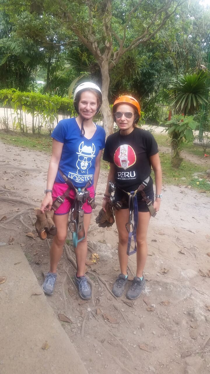 Dressed in gear to zipline in Mindo Ecuador.