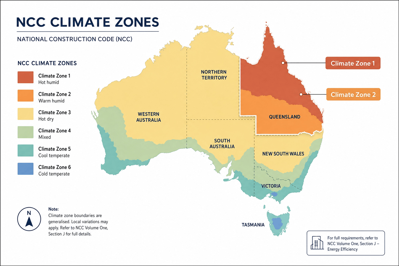 Map of Australian NCC Climate Zones with Queensland highlighted