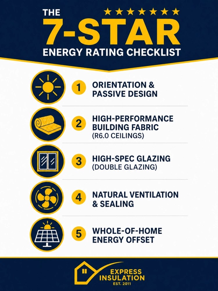 Infographic showing the 7-star energy rating checklist including orientation, insulation, glazing, and ventilation.