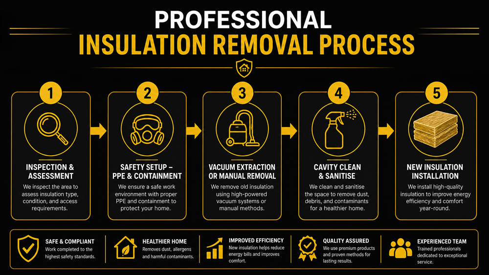 Infographic showing the five steps of professional insulation removal: inspection, safety setup, vacuum extraction, cavity clean and sanitise, and new insulation installation