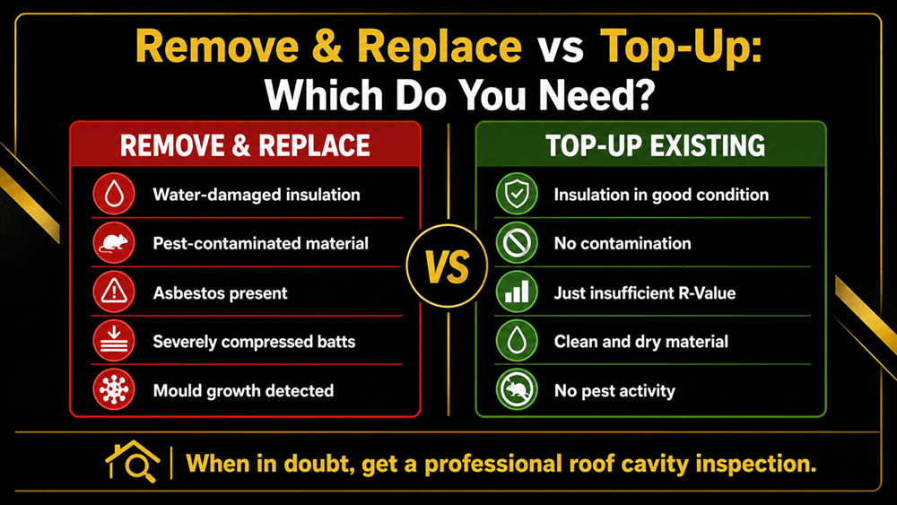 Comparison infographic showing when to remove and replace insulation versus when a top-up is sufficient, with clear criteria for each decision